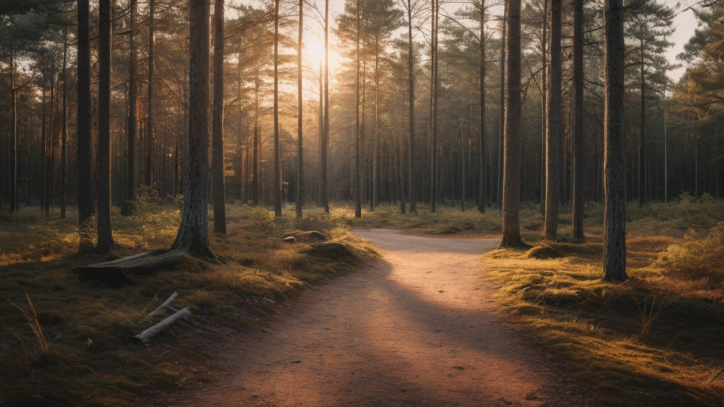 En stilla skogsstig i gryning — bilden representerar balans, eftertanke och vikten av ansvarsfullt spel.